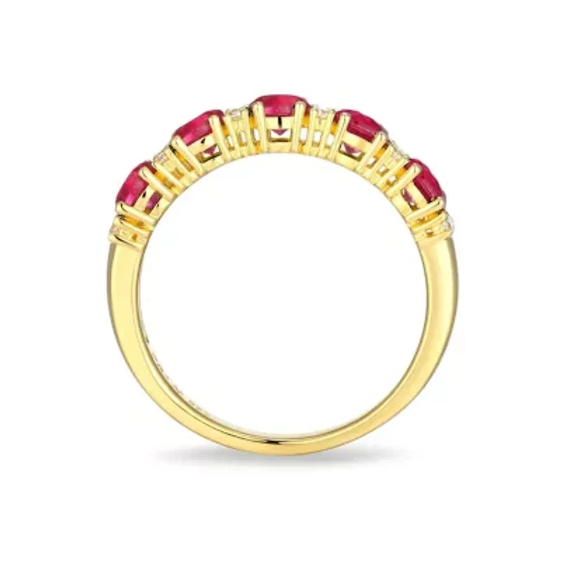 Lab Created 18K Yellow Gold Plated Sterling Silver Women's Sapphire or Ruby and Moissanite Ring