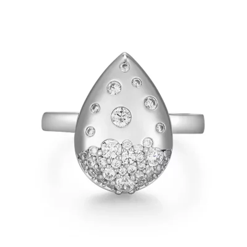 Lab Created Rhodium Plated Sterling Silver Women's Moissanite Teardrop Pavé Statement Ring