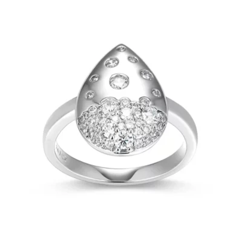 Lab Created Rhodium Plated Sterling Silver Women's Moissanite Teardrop Pavé Statement Ring