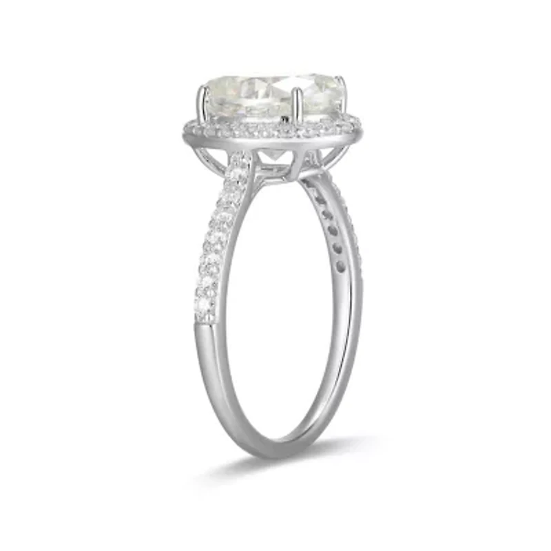 Lab Created Rhodium Plated Sterling Silver Women's Moissanite Pavé Band Halo Engagement Ring