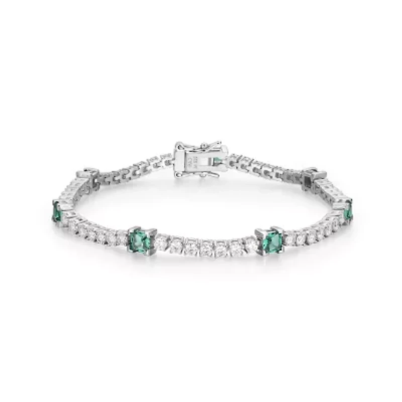 Lab Created Rhodium Plated Sterling SIlver Women's Gemstone and Moissanite Tennis Bracelet