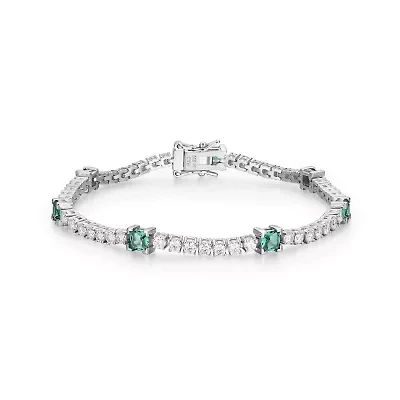 Lab Created Rhodium Plated Sterling SIlver Women's Gemstone and Moissanite Tennis Bracelet