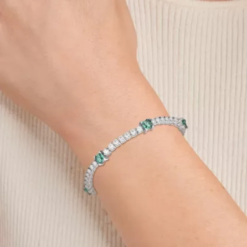 Lab Created Rhodium Plated Sterling SIlver Women's Gemstone and Moissanite Tennis Bracelet