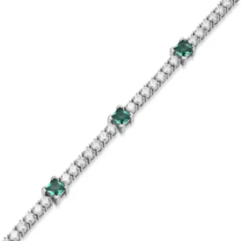 Lab Created Rhodium Plated Sterling SIlver Women's Gemstone and Moissanite Tennis Bracelet