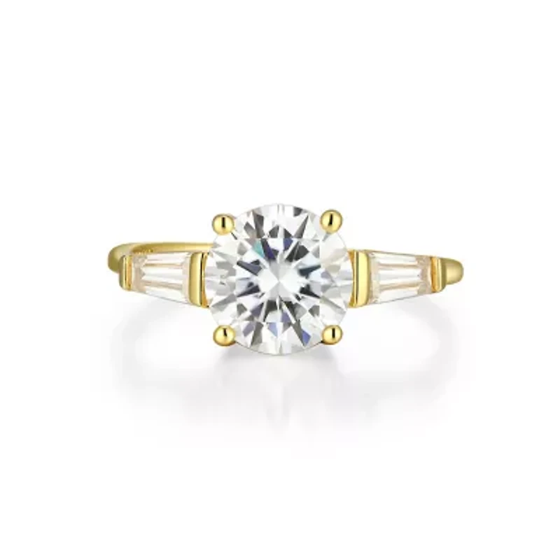 Lab Created 18K Yellow Gold Plated Sterling Silver Women's Moissanite Three-stone Engagement Ring