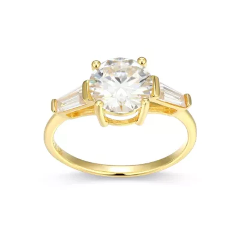 Lab Created 18K Yellow Gold Plated Sterling Silver Women's Moissanite Three-stone Engagement Ring