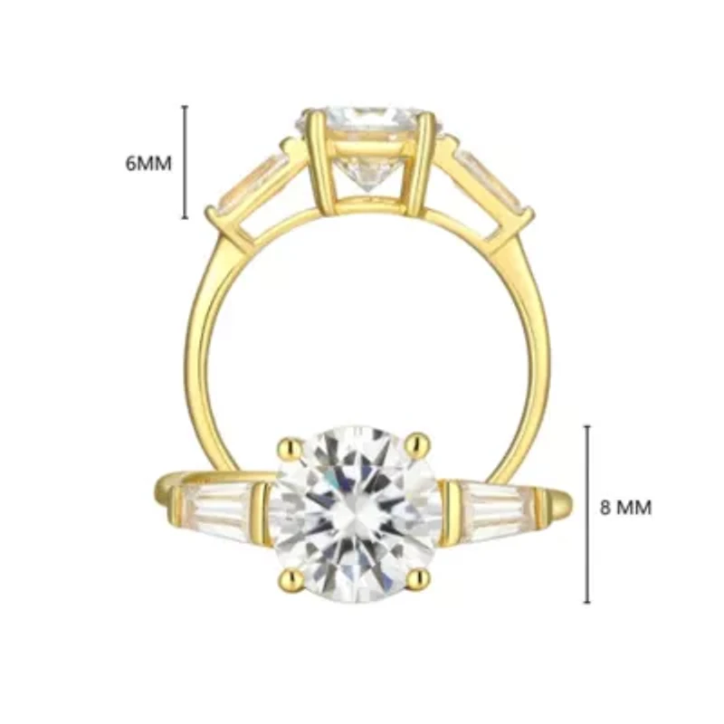 Lab Created 18K Yellow Gold Plated Sterling Silver Women's Moissanite Three-stone Engagement Ring