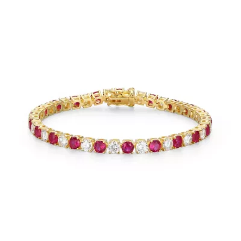 Lab Created 18K Yellow Gold Plated Sterling Silver Women's Ruby or Sapphire and Moissanite Tennis Bracelet