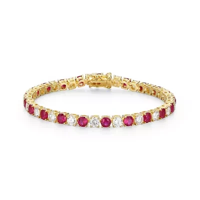 Lab Created 18K Yellow Gold Plated Sterling Silver Women's Ruby or Sapphire and Moissanite Tennis Bracelet