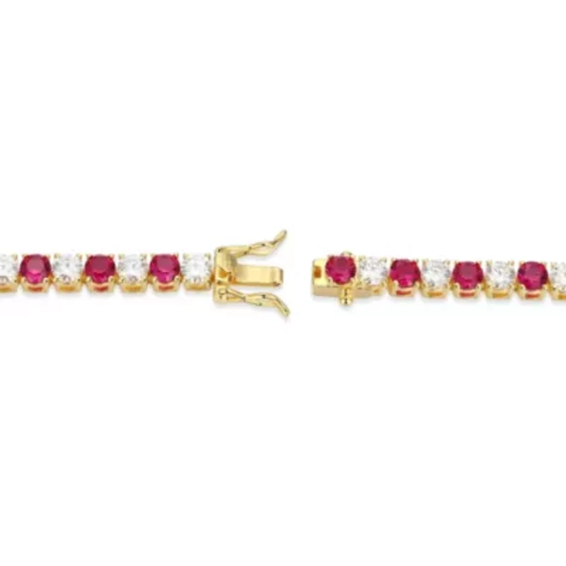 Lab Created 18K Yellow Gold Plated Sterling Silver Women's Ruby or Sapphire and Moissanite Tennis Bracelet