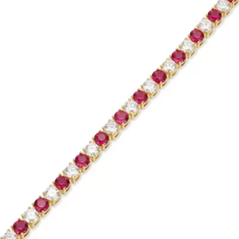 Lab Created 18K Yellow Gold Plated Sterling Silver Women's Ruby or Sapphire and Moissanite Tennis Bracelet
