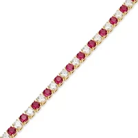 Lab Created 18K Yellow Gold Plated Sterling Silver Women's Ruby or Sapphire and Moissanite Tennis Bracelet
