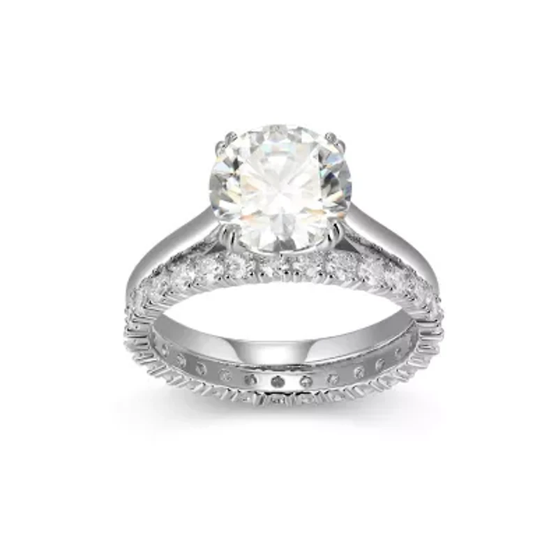 Lab Created Rhodium Plated Sterling Silver Women's Moissanite Pavé Band Stacked Rings