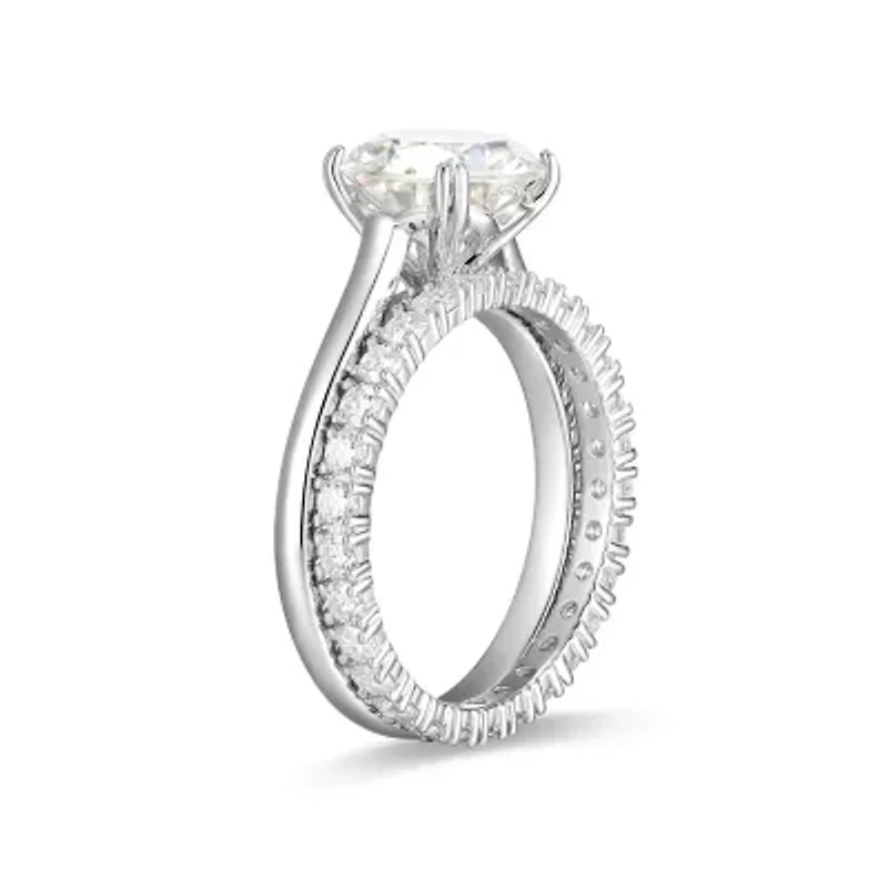 Lab Created Rhodium Plated Sterling Silver Women's Moissanite Pavé Band Stacked Rings