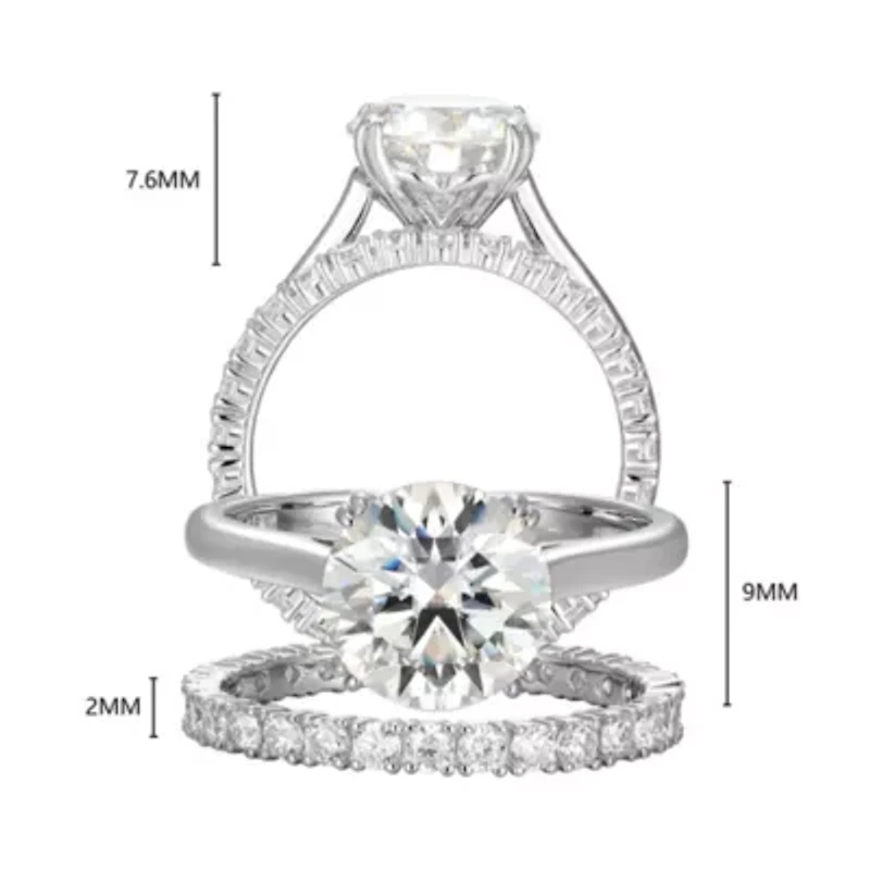 Lab Created Rhodium Plated Sterling Silver Women's Moissanite Pavé Band Stacked Rings