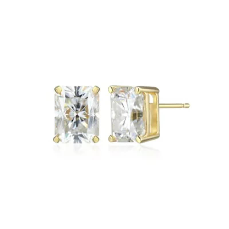 Lab Created 4.46 cttw Moissanite Emerald Cut Stud Earrings 18K Yellow Gold or Platinum Plated Sterling Silver