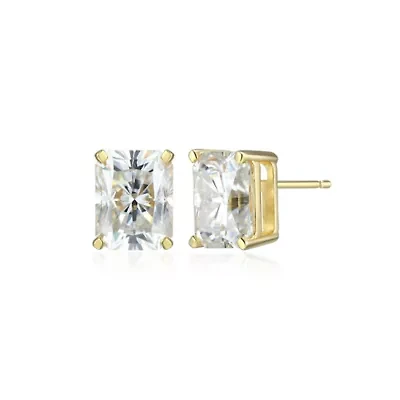 Lab Created 4.46 cttw Moissanite Emerald Cut Stud Earrings 18K Yellow Gold or Platinum Plated Sterling Silver