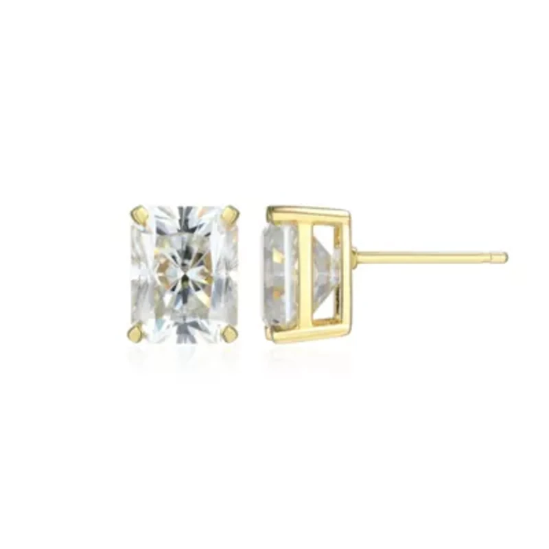 Lab Created 4.46 cttw Moissanite Emerald Cut Stud Earrings 18K Yellow Gold or Platinum Plated Sterling Silver