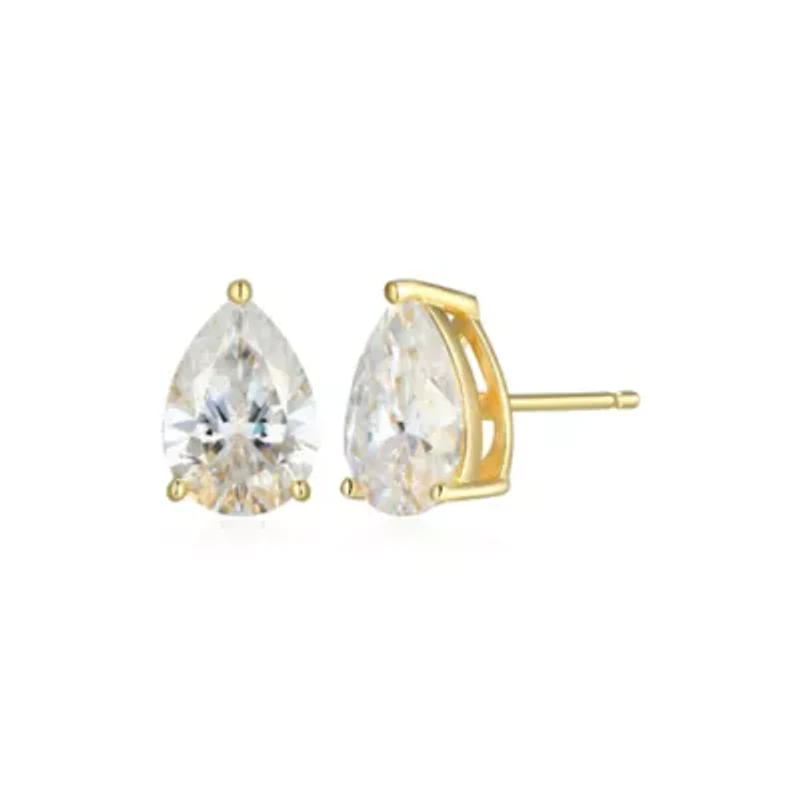 Lab Created 3.86 cttw Moissanite Pear Stud Earrings 18K Yellow Gold or Platinum Plated Sterling Silver
