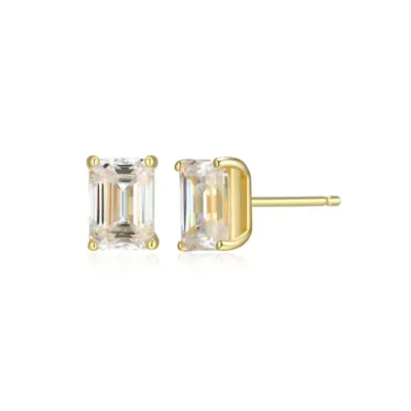 Lab Created 1.96 cttw Moissanite Emerald Cut Stud Earrings 18K Yellow Gold or Platinum Plated Sterling Silver