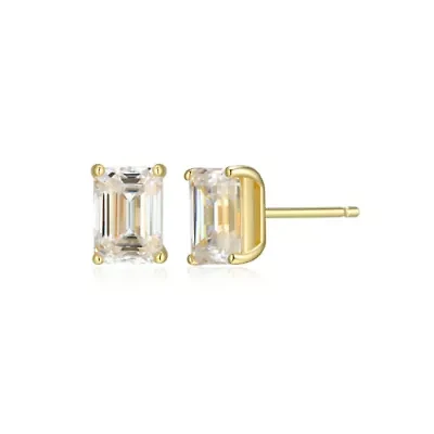 Lab Created 1.96 cttw Moissanite Emerald Cut Stud Earrings 18K Yellow Gold or Platinum Plated Sterling Silver