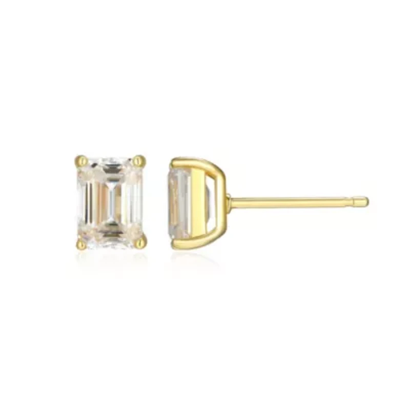 Lab Created 1.96 cttw Moissanite Emerald Cut Stud Earrings 18K Yellow Gold or Platinum Plated Sterling Silver