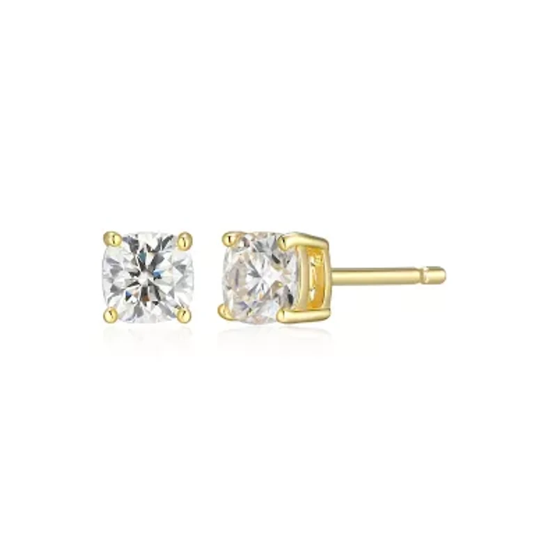 Lab Created 0.60 cttw Moissanite Cushion Stud Earrings 18K Yellow Gold or Platinum Plated Sterling Silver