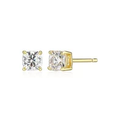 Lab Created 0.60 cttw Moissanite Cushion Stud Earrings 18K Yellow Gold or Platinum Plated Sterling Silver