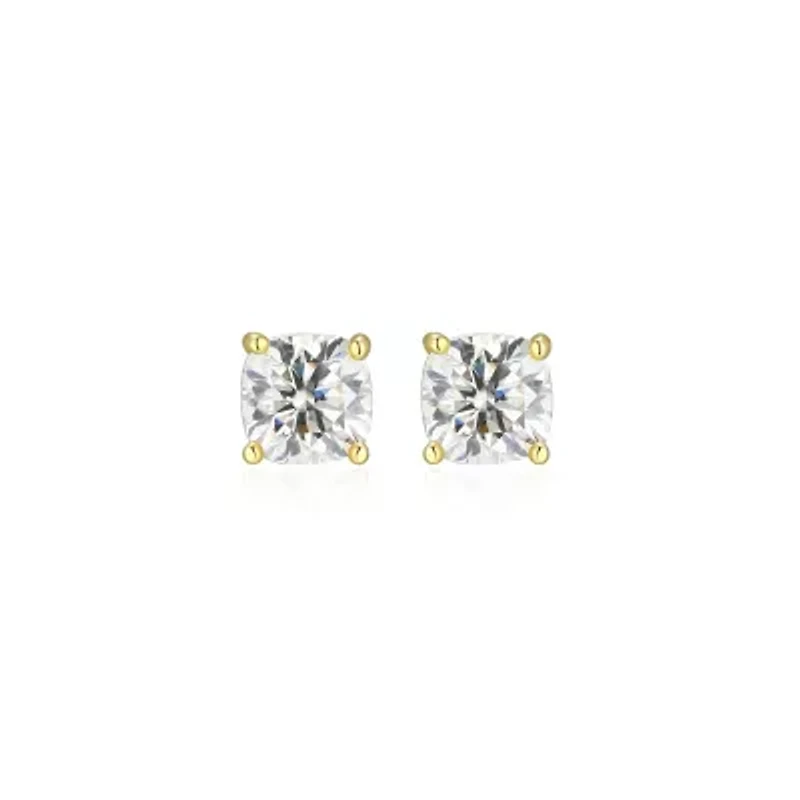 Lab Created 0.60 cttw Moissanite Cushion Stud Earrings 18K Yellow Gold or Platinum Plated Sterling Silver