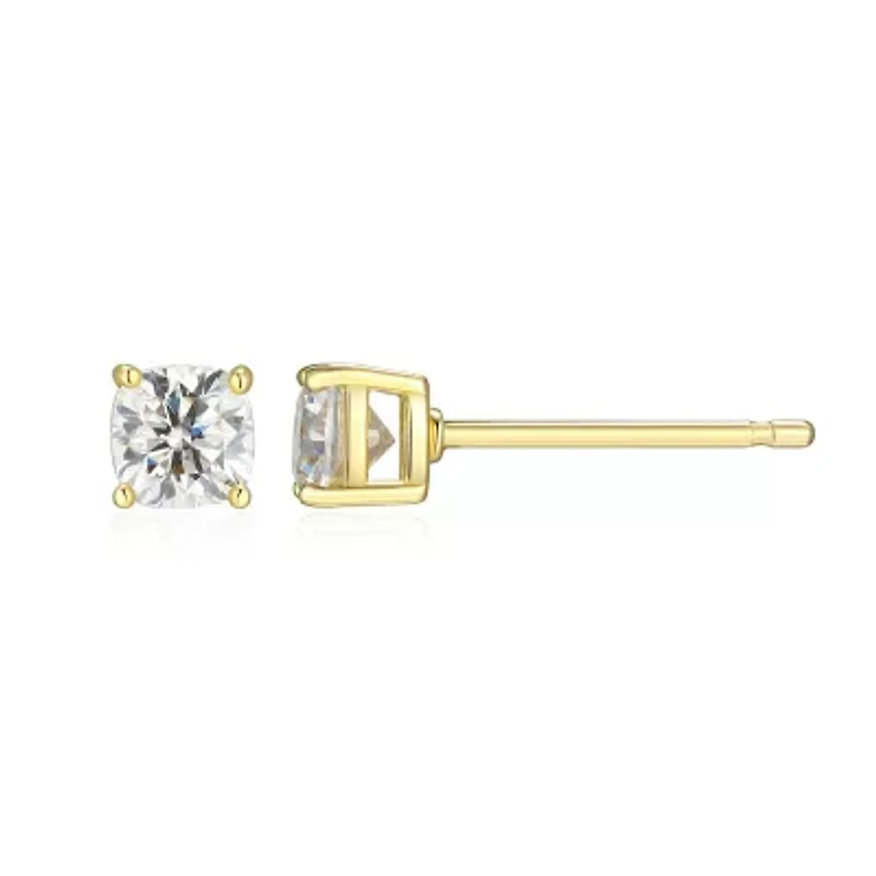 Lab Created 0.60 cttw Moissanite Cushion Stud Earrings 18K Yellow Gold or Platinum Plated Sterling Silver