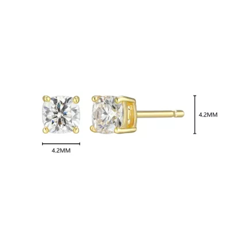 Lab Created 0.60 cttw Moissanite Cushion Stud Earrings 18K Yellow Gold or Platinum Plated Sterling Silver