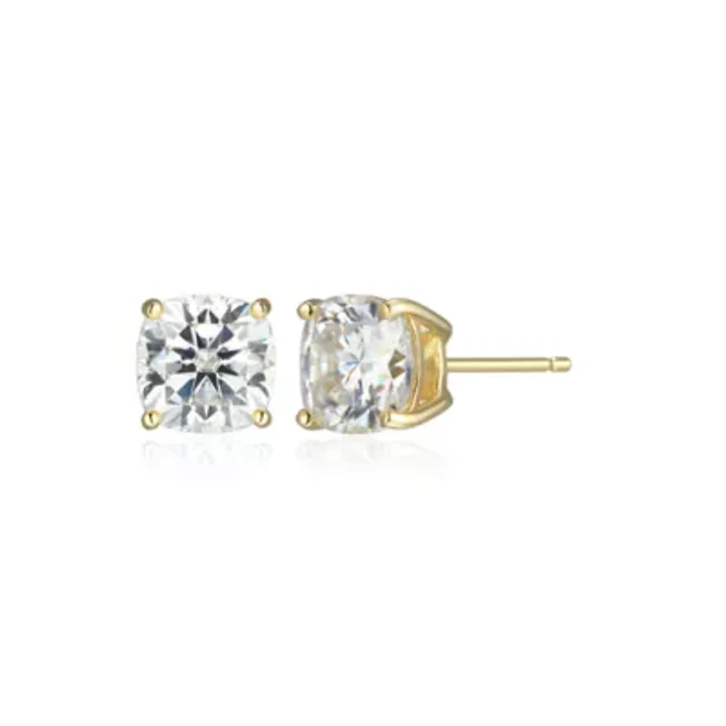 Lab Created 2.42 cttw Moissanite Cushion Stud Earrings 18K Yellow Gold or Platinum Plated Sterling Silver