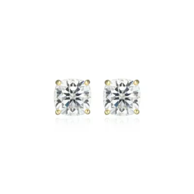 Lab Created 2.42 cttw Moissanite Cushion Stud Earrings 18K Yellow Gold or Platinum Plated Sterling Silver