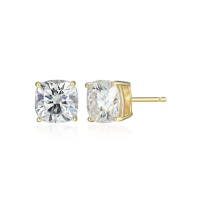 Lab Created 2.98 cttw Moissanite Cushion Stud Earrings 18K Yellow Gold or Platinum Plated Sterling Silver