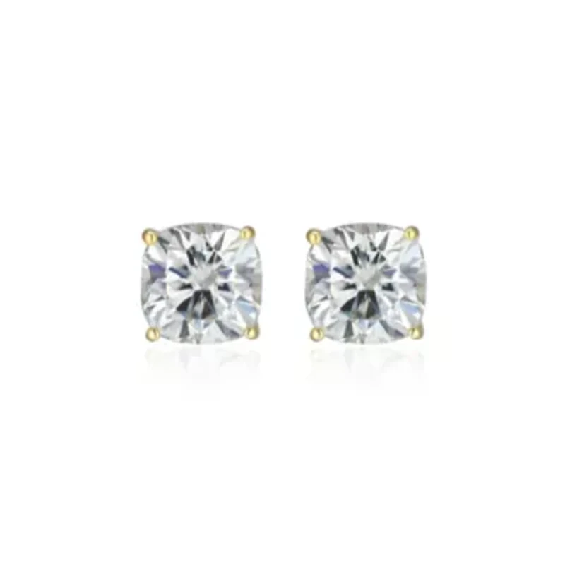 Lab Created 2.98 cttw Moissanite Cushion Stud Earrings 18K Yellow Gold or Platinum Plated Sterling Silver
