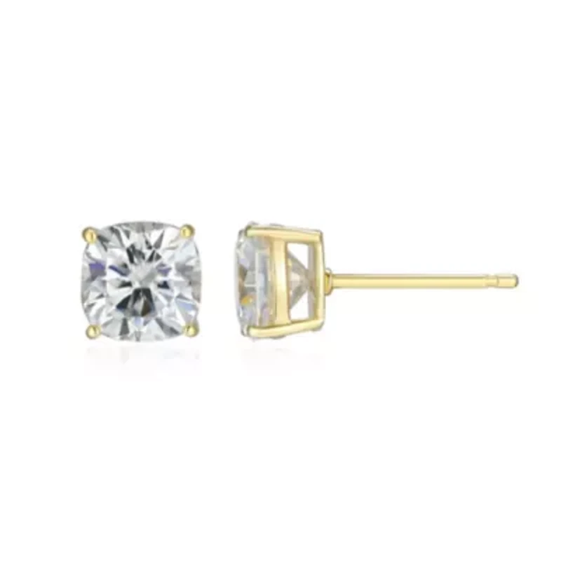 Lab Created 2.98 cttw Moissanite Cushion Stud Earrings 18K Yellow Gold or Platinum Plated Sterling Silver