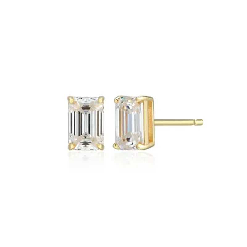 Lab Created 1.20 cttw Moissanite Emerald Cut Stud Earrings 18K Yellow Gold or Platinum Plated Sterling Silver