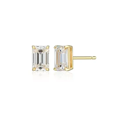 Lab Created 1.20 cttw Moissanite Emerald Cut Stud Earrings 18K Yellow Gold or Platinum Plated Sterling Silver