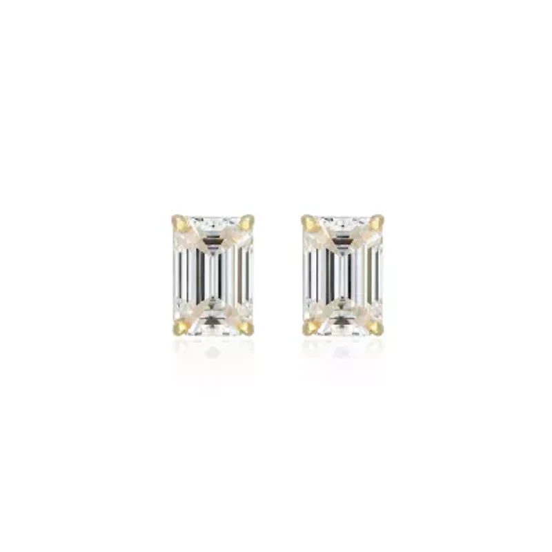 Lab Created 1.20 cttw Moissanite Emerald Cut Stud Earrings 18K Yellow Gold or Platinum Plated Sterling Silver