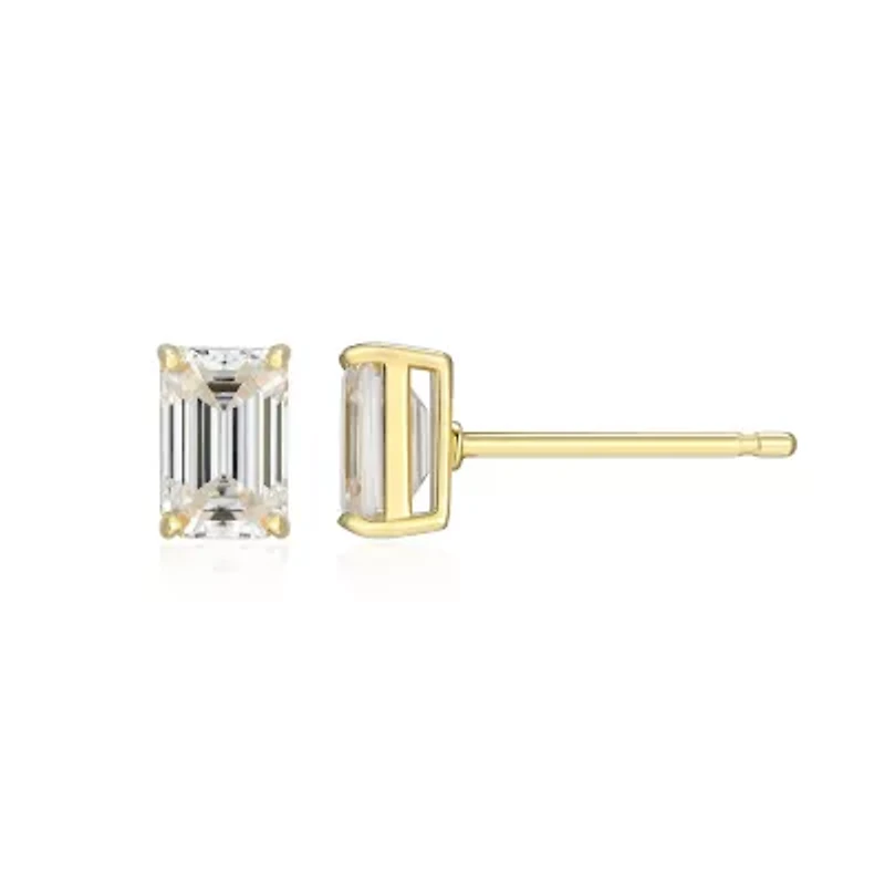 Lab Created 1.20 cttw Moissanite Emerald Cut Stud Earrings 18K Yellow Gold or Platinum Plated Sterling Silver