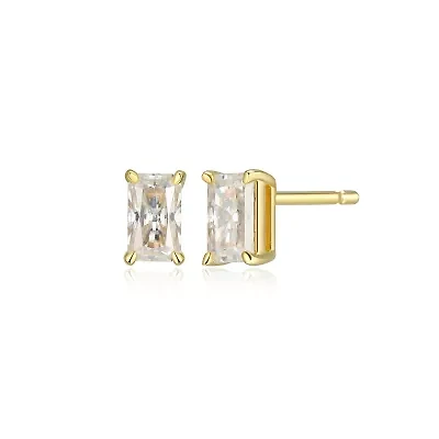 Lab Created 0.64 cttw Moissanite Emerald Cut Stud Earrings 18K Yellow Gold or Platinum Plated Sterling Silver