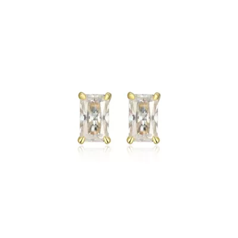 Lab Created 0.64 cttw Moissanite Emerald Cut Stud Earrings 18K Yellow Gold or Platinum Plated Sterling Silver