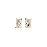 Lab Created 0.64 cttw Moissanite Emerald Cut Stud Earrings 18K Yellow Gold or Platinum Plated Sterling Silver