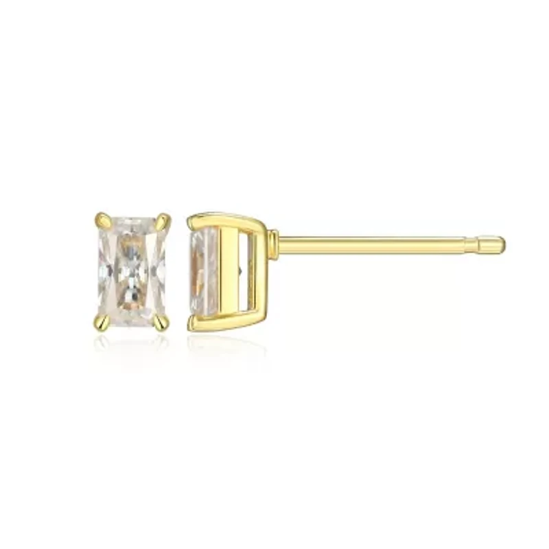 Lab Created 0.64 cttw Moissanite Emerald Cut Stud Earrings 18K Yellow Gold or Platinum Plated Sterling Silver