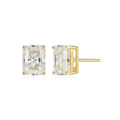 Lab Created 3.10 cttw Moissanite Emerald Cut Stud Earrings 18K Yellow Gold or Platinum Plated Sterling Silver