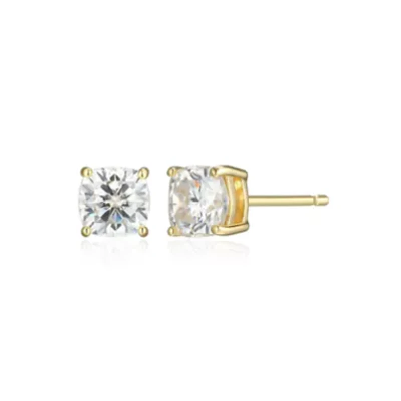 Lab Created 1.14 cttw Moissanite Cushion Stud Earrings 18K Yellow Gold or Platinum Plated Sterling Silver