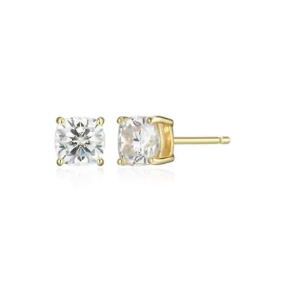 Lab Created 1.14 cttw Moissanite Cushion Stud Earrings 18K Yellow Gold or Platinum Plated Sterling Silver