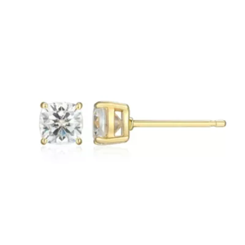Lab Created 1.14 cttw Moissanite Cushion Stud Earrings 18K Yellow Gold or Platinum Plated Sterling Silver