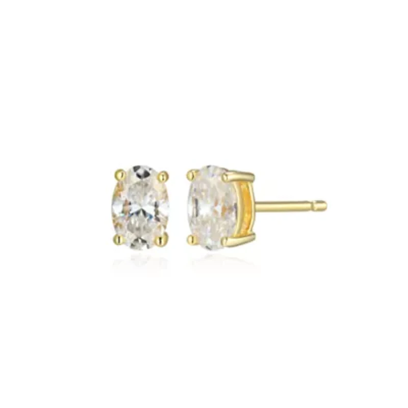 Lab Created 0.86 cttw Moissanite Oval Stud Earrings 18K Yellow Gold or Platinum Plated Sterling Silver