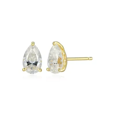 Lab Created 1.70 cttw Moissanite Pear Stud Earrings 18K Yellow Gold or Platinum Plated Sterling Silver